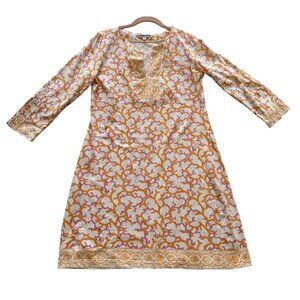 Barbara Gerwit Womens Tunic Dress Orange Purple Coral Print L 3/4 Sleeve Beachy